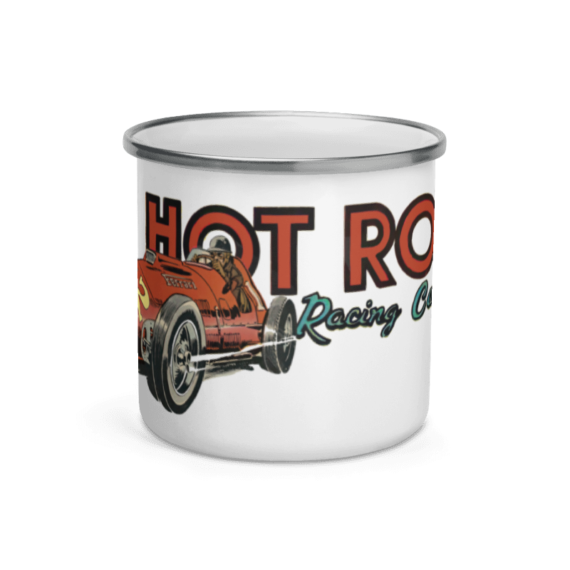 #1056 Kop, metal, hvid med motiv: "Hot Rods and racing cars"