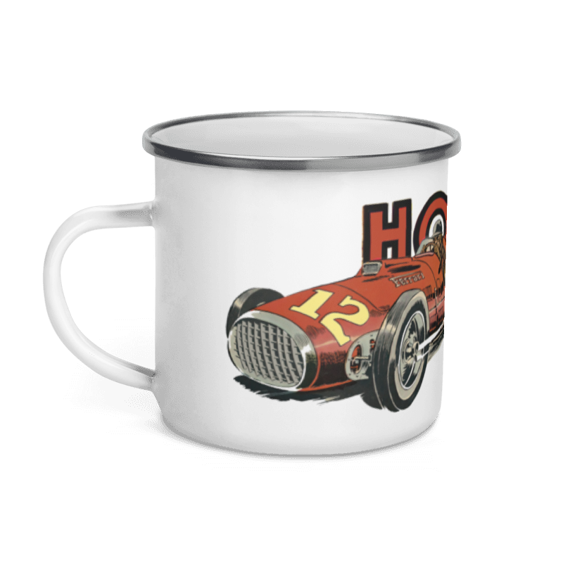 #1056 Kop, metal, hvid med motiv: "Hot Rods and racing cars"