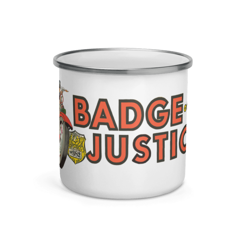 #1057 Kop, metal, hvid med motiv: "Badge of Justice"